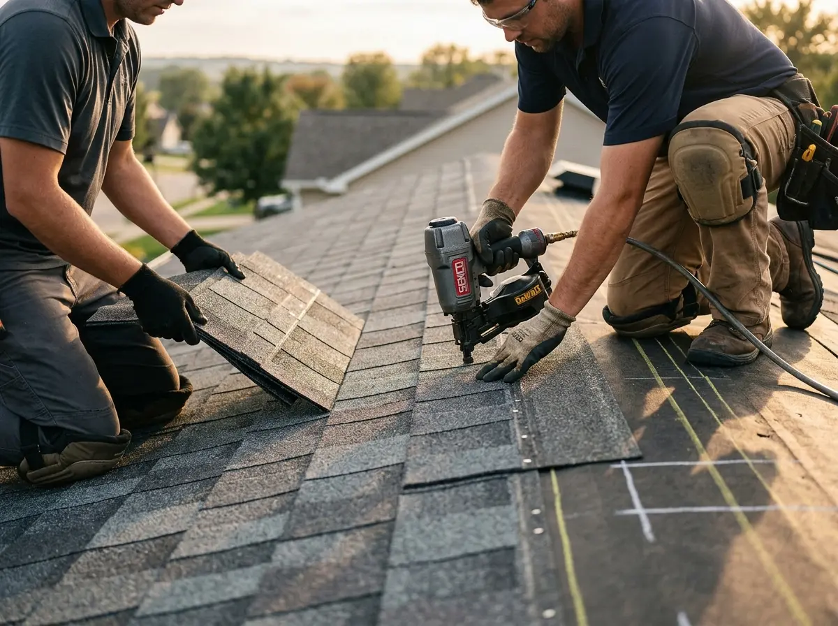 Professional roofer working on a residential roof in Belle Fourche
